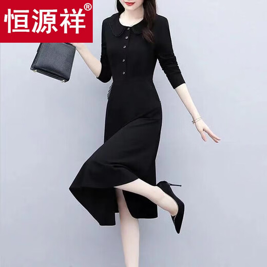 Hengyuanxiang Frühlings- und Herbst kleiner 2025 neues langärmeliges Kleid mit hüftgerüßem Fashion Ladies Temperament Big Black Rock mit langärmeliger schwarzer 4xl-Empfehlung (150-165jin [Jin gleich 0,5 kg]))