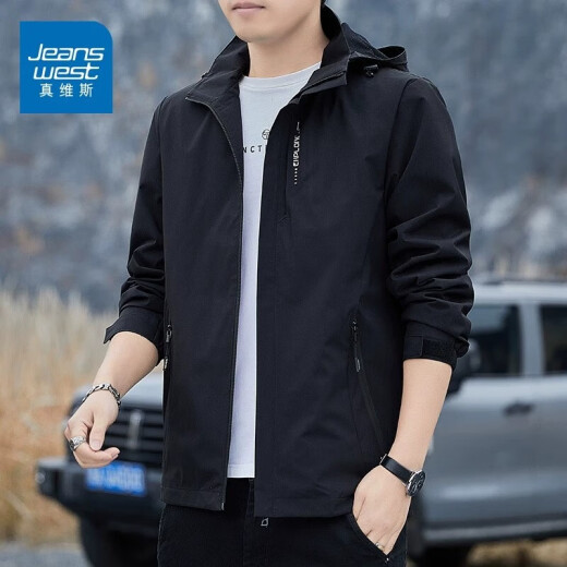 真维斯（Jeanswest）休闲夹克男春秋季新款2025冲锋衣时尚连帽夹克简约百搭外套男 6628黑色【春秋季】 M