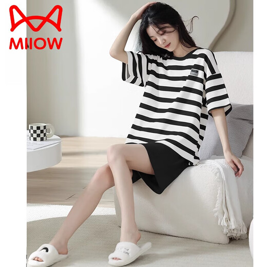 猫人（MiiOW）纯棉睡衣女夏季短袖短裤薄款大码家居服条纹可外穿套装2025年新款 HMT-844【黄色】 2XL (推荐体重：140-160斤)