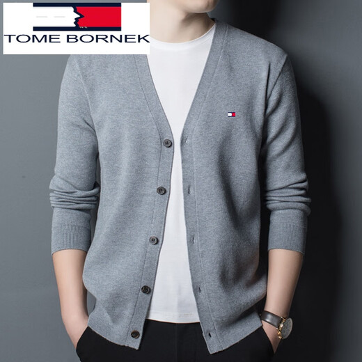 TOME BORNEK carefully selects quality Tommy Tommy wool cardigan for middle-aged men, casual non-iron V-neck solid color sweater sweater jacket, gray 165/M recommended 95-120Jin Jin equals 0.5 kg