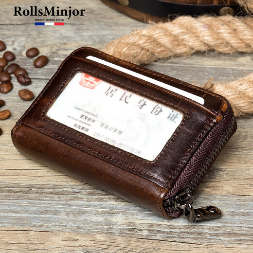 RollsMinjor brand new casual top layer cowhide zipper organ card bag genuine leather bank card bag men's retro handmade card clip brown 10 card positions