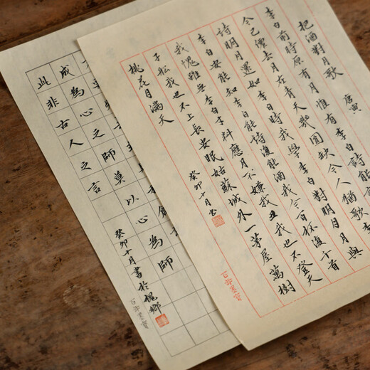 Chinese and ink half-cooked bamboo pulp daily lesson paper, calligraphy practice paper for beginners, 2cm squares, 50 sheets, four treasures of the study, calligraphy practice paper