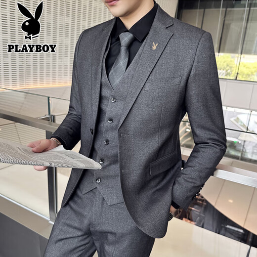 Playboy костюм мужской бизнес-стройный костюм Профессиональный костюм маленький костюм Лучший мужчина свадебное платье с тремя частями черное двойное костюм + жилет + рубашка + большой подарочный пакет xl [115-130Jin [Jin равно 0,5 кг]]]]