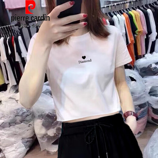 
Pierre cardin 2025 new design niche shoulder short T-shirt for women summer pure short sleeve loose white cotton top KE693 white M
