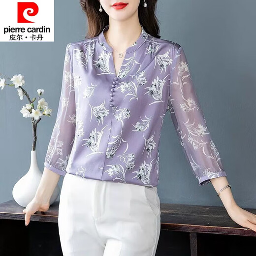 皮尔卡丹（pierre cardin）23年新款真丝衬衫女夏季新款洋气薄款七分袖印花桑蚕丝小衫上衣女 图片色 9227# 2XL 125-135斤