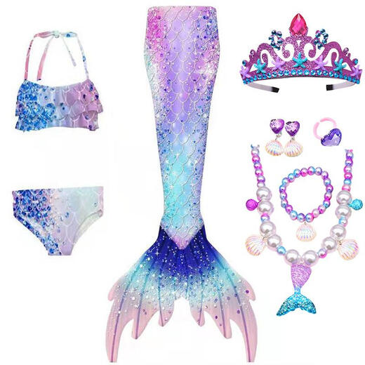 Ruiyang mermaid clothes princess tail children's swimsuit girls split bikini baby swimwear new hot spring colorful three-piece set + crown + necklace 4-piece set 110cm