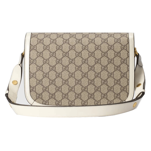Gucci (GUCCI) women's bag horse buckle shoulder bag 1955 series small crossbody bag double G pattern canvas leather postman bag 92TCG 9761 white leather piping pre-sale