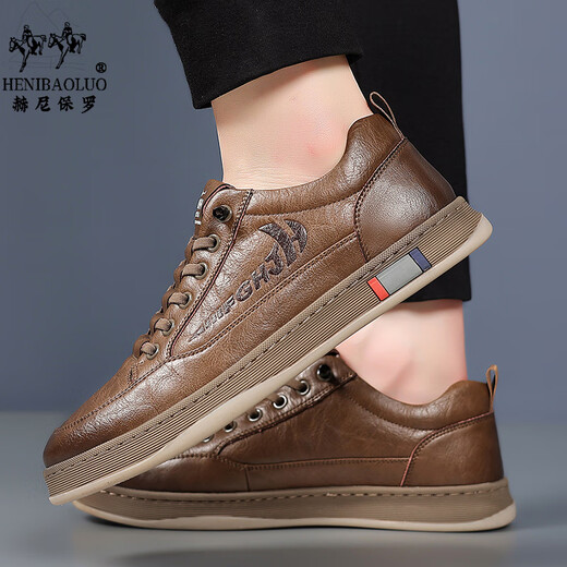 Henipolo sports shoes for men new style cowhide leather men's trendy sneakers for men all-match business casual shoes non-slip low-top men's shoes brown 43 (265mm) leather shoe size