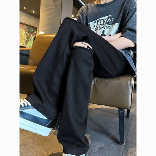 潮韩都破洞牛仔裤男生春秋夏季美式设计感修身直筒裤子潮牌显瘦休闲裤 浅蓝色G838 L