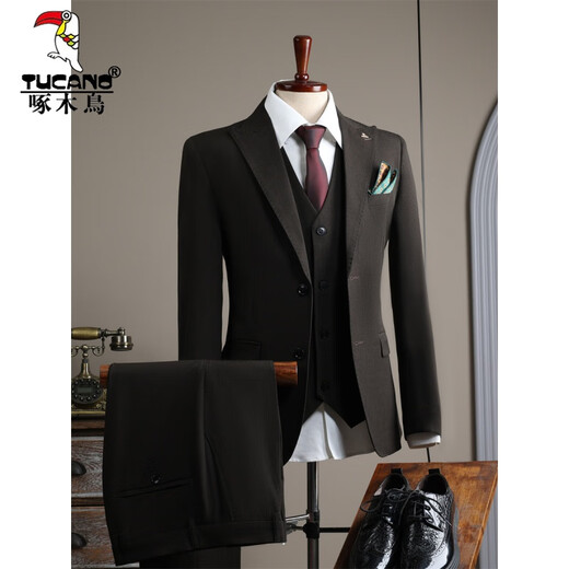 Woodpecker (TUCANO) fashionable Korean suit men's three-piece wedding groomsmen suit professional formal work suit men's suit 9992 black (suit + trousers) 52/XL (125-135 Jin Jin equals 0.5 kg)