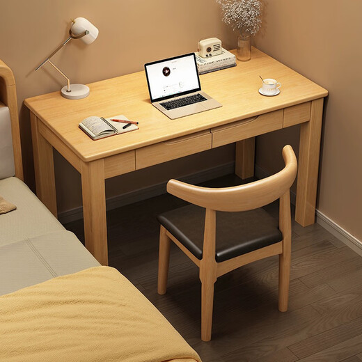 Feng Ye Qingqing solid wood desk home modern minimalist office desk computer desk bedroom study table small apartment student writing desk walnut color desk + horn chair ready in stock 100cm*55cm*75cm double drawers