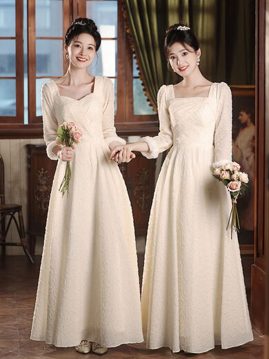 Gu Moxi bridesmaid dress can usually be worn in autumn and winter, champagne color bridesmaid dress for women, winter French wedding, fairy sisters and best friends group H135 champagne color long style A S