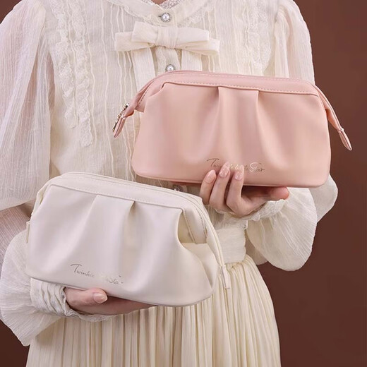 Jin Riman Portable Cosmetic Bag Women's Large Capacity New Cosmetic Small Storage Bag Light Luxury Portable Toiletries Bag Storage Bag French Portable Grab Bag Milk Apricot White