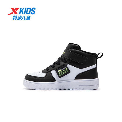 Xtep children's cotton shoes leather surface moisture-proof and stain-resistant high-top sneakers warm and comfortable Velcro high-top sneakers black/new white 31