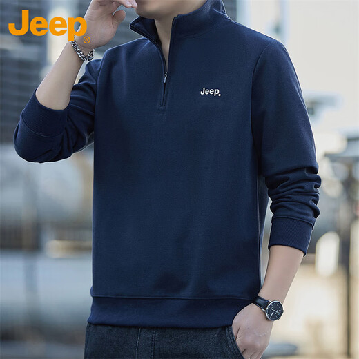 Jeep (JEEP) sweatshirt men's autumn and winter loose stand-up collar long-sleeved T-shirt men's heavy trend clothing men's navy blue XL