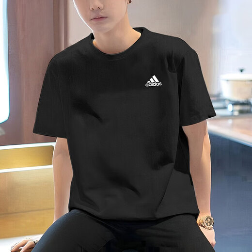 阿迪达斯（adidas） 男子运动套装 夏新款时尚短袖透气舒适t恤衫休闲短裤时尚两件套 经典黑/IC9282+IC1484 L/180