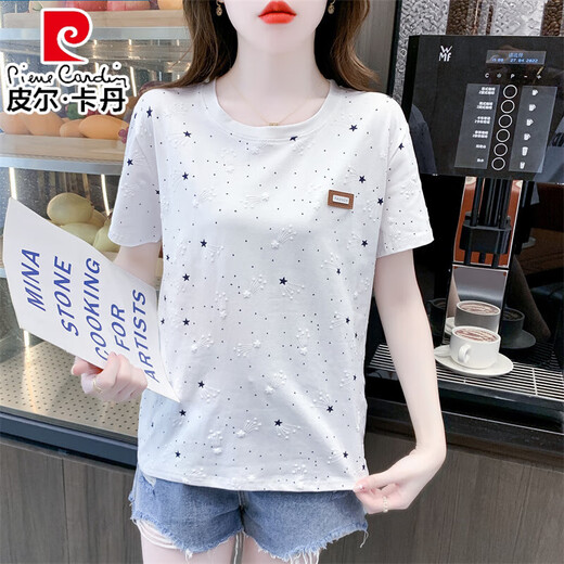 Pierre Cardin Pure Cotton Kurzärmelte T-Shirt für Frauen Sommer 2024 NEU LOOSSCHLIESSE BEDEUTUNG DRUCKELN STANDILE T-Shirt Top Trend 1396 Blue Meteor + 8201 Blue Plaid S für 80-99 Jin [Jin gleich 0,5 kg]