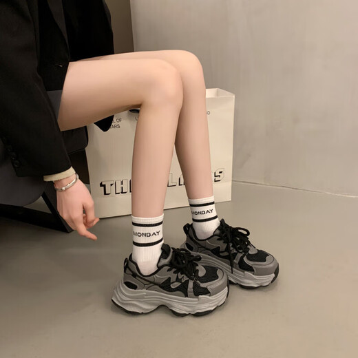 巴黎欧货复古老爹鞋女新款ins厚底增高小个子运动女鞋网面鞋子女 银色 36