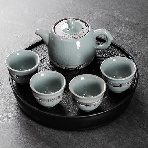 An Junsheng Kung Fu tea set tea tray small set one pot four cups portable home dormitory hotel teapot tea cup simple black purple sand 1 pot four cups + melamine round black plate - Yuanshan