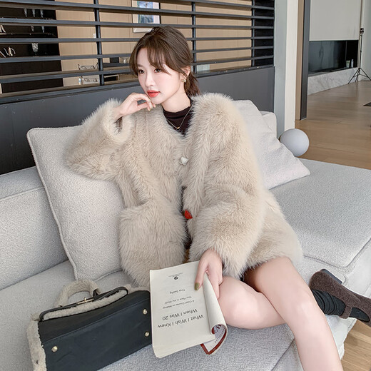 
Yiyi pure small fragrant style environmentally friendly fur plush coat for women's winter golden silk fox fur Korean popular street fur coat on white S