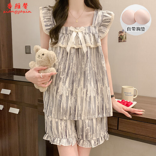Xiangyaxin mit Brustpads Pyjamas für Frauen im Sommertag Student Hosentort Shorts süß und niedlich farbige Mädchen Dünne Heimkleidung Set 9906 Schwarzer Plaid L 95-115jin [Jin ist 0,5 kg]