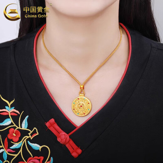 CHINA GOLD gold necklace for women, versatile solid gold eight treasures compass pendant, Chinese Valentine's Day birthday gift for wife and mother, eight treasures compass necklace, brown rope, about 3.55g