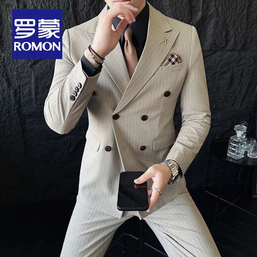 罗蒙（ROMON）高档定制双排扣条纹西服套装男士新郎结婚礼服商务休闲修身西装男 藏青西服+马甲+衬衫+西裤 XL 码(贈+胸针+口袋巾)
