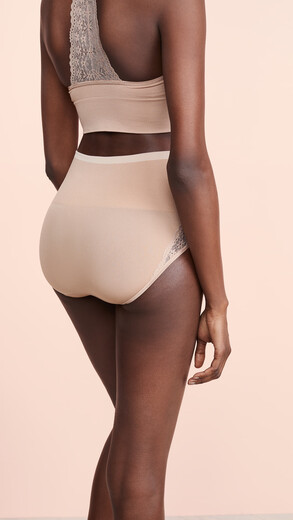 Yummie women's seamless lace shaping panties, high waist, tummy control and butt lift, thin and breathable, comfortable striped design, almond color Small / Medium