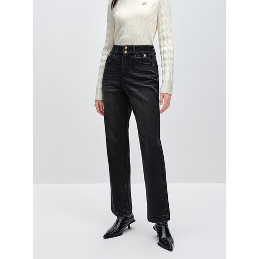 Peacebird Women's Jeans High Waist Harem Autumn and Winter Warm Denim Two Buttons Tapered Women's Denim Medium Black M