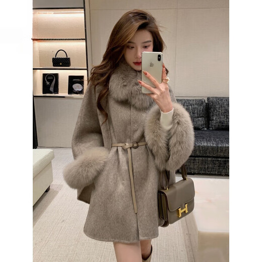 Golden Fox Brand Autumn and Winter New Double-Sided Wool Coat Women's Fox Fur Collar Cloak Shawl Korean Wool Fur Jacket Mixed Cute S (85~115)
