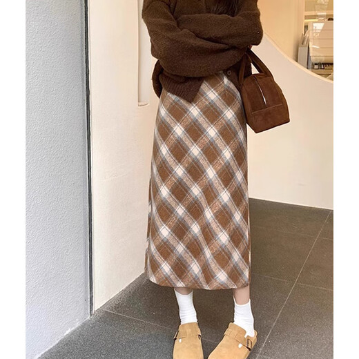 Hao'e retro woolen plaid skirt for women autumn and winter brown high waist slim pear-shaped figure long slit a-line skirt khaki M recommended 96-110Jin Jin equals 0.5 kg