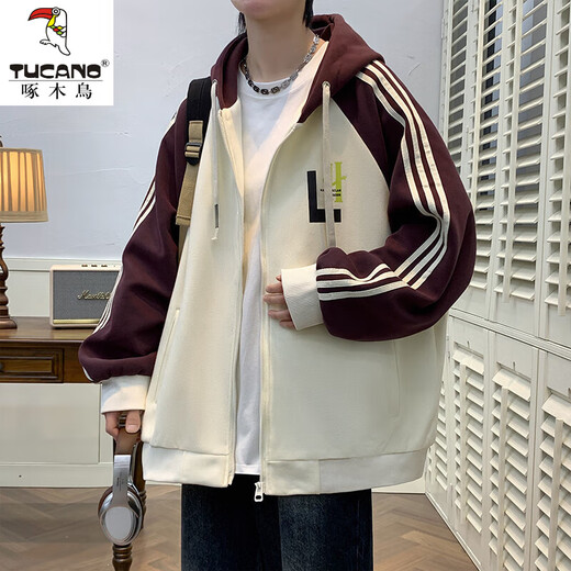 Woodpecker (TUCANO) 2025 Spring and Autumn Jacket Men's Hooded Student Baseball Casual All-Match Jacket Boys Junior High School Jacket Men's 10740-JK008 Off-white XL 120-140Jin Jin equals about 0.5 kg