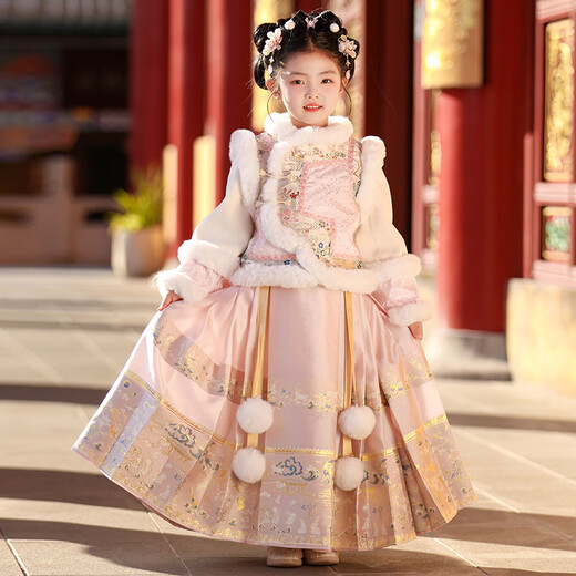 Anneyol Girls' Hanfu Winter Costume Children's Winter Clothes National Style Thickened Cheongsam Skirt New Year's Eve Clothes Pink 120