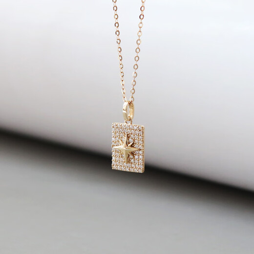 Miling Light Luxury Korean Pure 14K Gold Necklace Women's Square Full Diamond Inlaid Octagonal Star Pendant K Gold Clavicle Chain Individual Pendant Does Not Include Chain