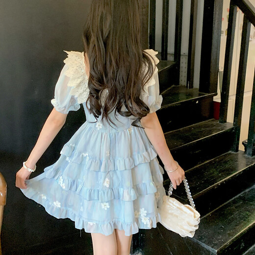 Yu Shang Zhen Produits Nouveau petit homme français en été super fée, robe à gâteau floral sucré robe, robe respirante mince [bleu M]