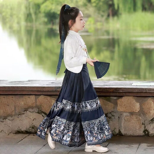 纷资言女童马面裙改良汉服儿童古装中国风唐装夏季套装女孩超仙公主裙 藏青色全套+赠品 140 (建议身高131-140)