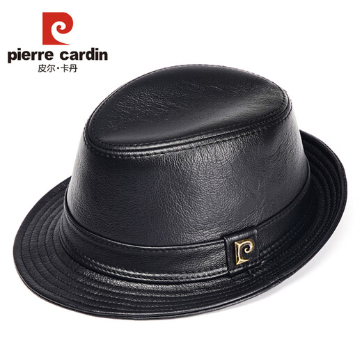 Pierre Cardin Genuine Leather Hat Men's Autumn and Winter First Layer Cowhide Casual Dad Jazz Hat Short Brim Small Hat Outdoor Outing Black Medium XL (57-58cm)