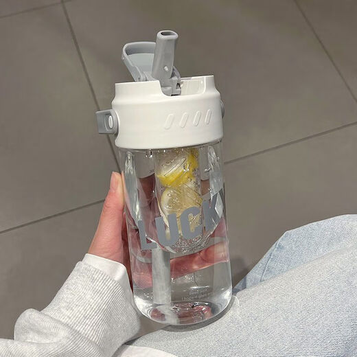 捷顺行夏季水杯女ins吸管杯学生高颜值茶水分离泡茶杯子男款上班族颜控 椰色白【配茶隔提手】 689ml 杯子+茶隔+3D贴