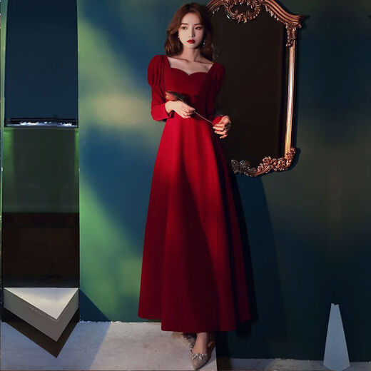 Miaomiaoxi long-sleeved toast dress bride 2025 new autumn and winter engagement home dress can be worn at ordinary times temperament burgundy for women red L