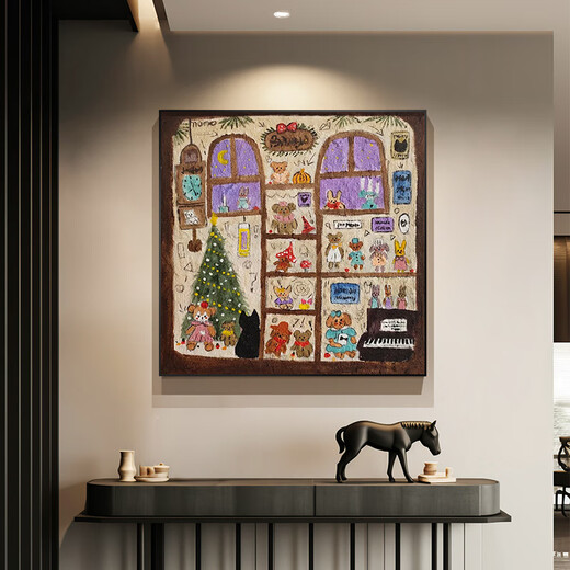 Rock Doll Shop Healing Porch Bedroom Decorative Painting Niche Cute Cat Cartoon Abstract Living Room Dining Hanging Painting High Definition Giclee Decorative Painting (Cotton and Linen Canvas) 50*50CM High Modern Black (Titanium Aluminum Metal Brushed Frame)