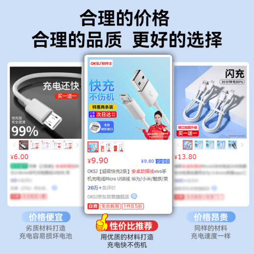 OKSJ [Super Fast Charge 2] Android data cable vivo mobile phone charging cable MicroUSB cable suitable for Huawei/Xiaomi/Honor/oppox7/x20 flash power bank