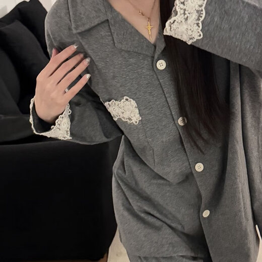 HUALIN FASHION女士棉睡衣春秋季蕾丝长袖家居服两件套 E6621 180 XL 【110-130斤】