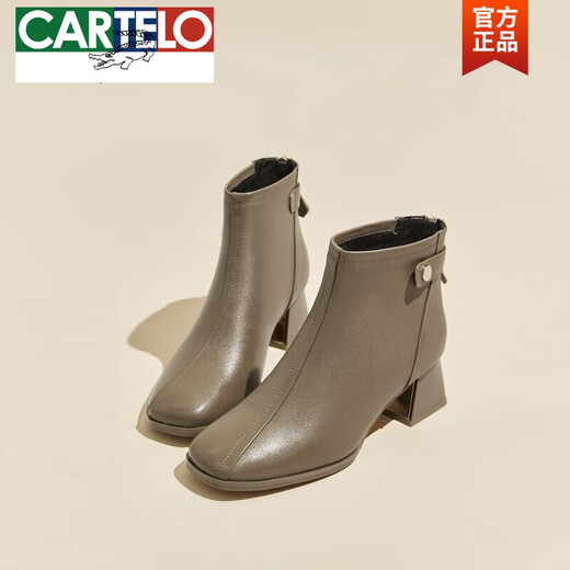 CARTELO genuine leather short boots for women in autumn and winter high-heeled leather shoes square toe mid-heeled cotton shoes 2025 new plus velvet thick heel Martin boots 36 black (plus velvet)