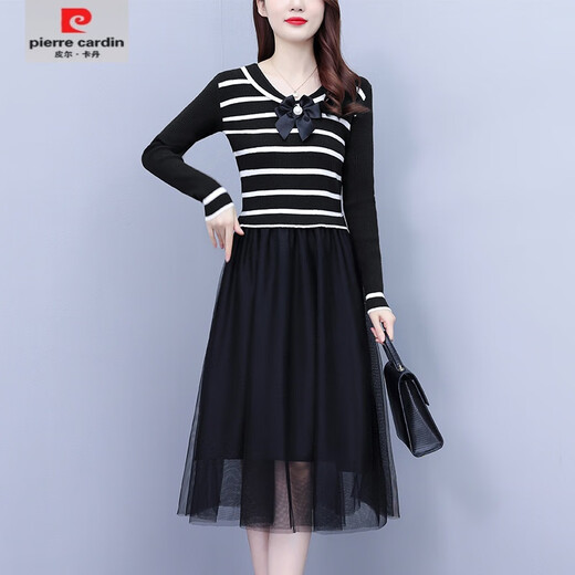 皮尔卡丹（pierre cardin）2025春秋连衣裙女新款毛衣裙假两件黑色蕾丝打底中长款针织连衣裙 黑色6172 L 【尺码建议95-110斤】