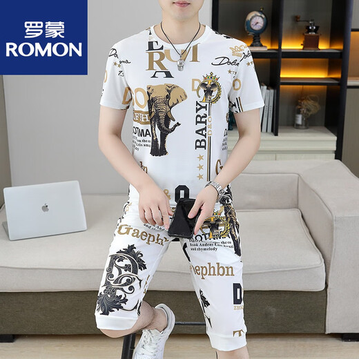 ROMON 2025 new personalized elephant printed short-sleeved T-shirt sports suit men's summer fashion brand casual two-piece set men's clothing 826 elephant white M