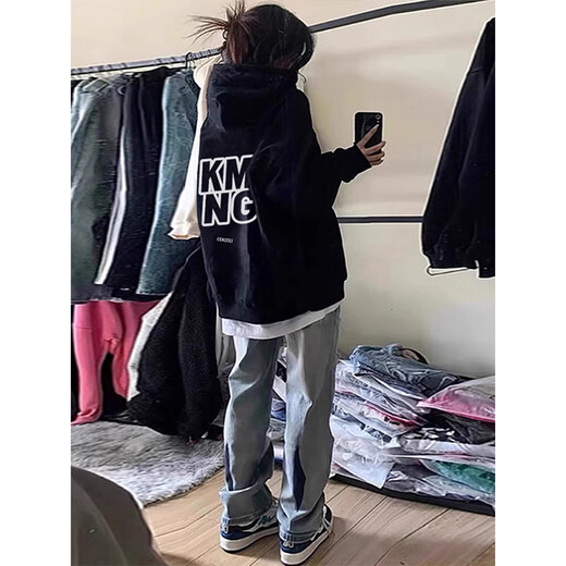 Digada Sweatshirt Männer und Frauen Herbst- und Winterdesign Nische Trendy Marke Übergroße Plüsch amerikanische Retro-Kapuze-Sweatshirt-Jacke HDFS-6180 Black L.