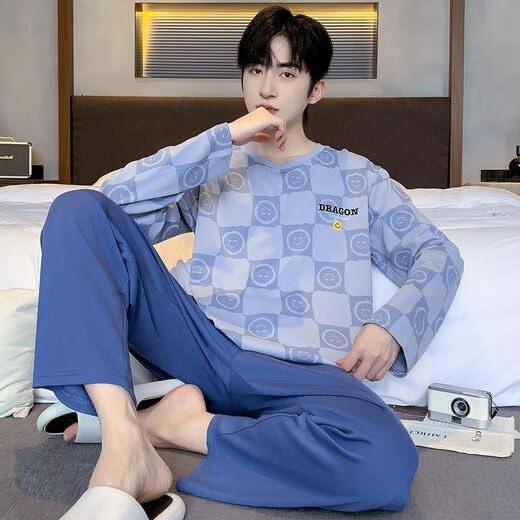 
Yalu pure cotton pajamas men's spring and autumn long sleeves trousers autumn cotton round neck home casual men's home clothing set LFT9928 XL