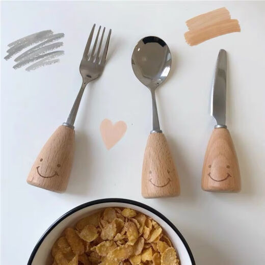 Yilushu Smiley Face Fruit Fork Western Food Spoon Set Smiley Face Creative Western Food Tableware Fruit Fork Student丨Wooden Handle Smiley Face Personal Combination [3-piece Set]+++丨Original Package丨
