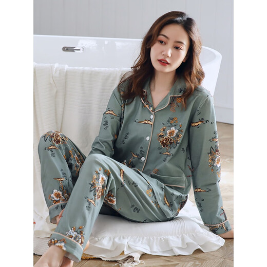 恒源祥（HYX）睡衣女春秋款长袖纯棉中年妈妈秋季全棉女士家居服春夏季薄款套装 XEQ-9276 L (165)
