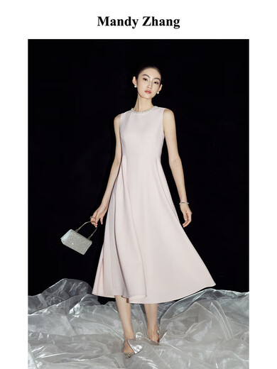 Mandy Zhang法式赫本风气质粉色订婚连衣裙女夏季宴会正式礼服裙子 樱花黛粉 珍珠镶钻 S